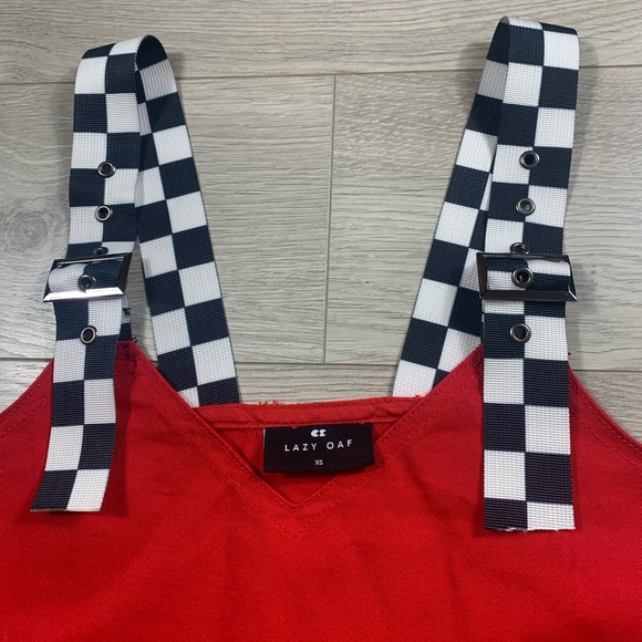 Lazy Oaf Checkered Buckle-Strap Pinafore Red Mini Dress - Picture 7 of 15